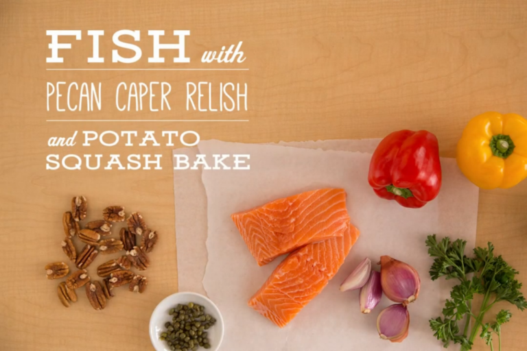 Crave-Worthy, Buttery Fish with Pecan Caper Relish and Potato Squash Bake