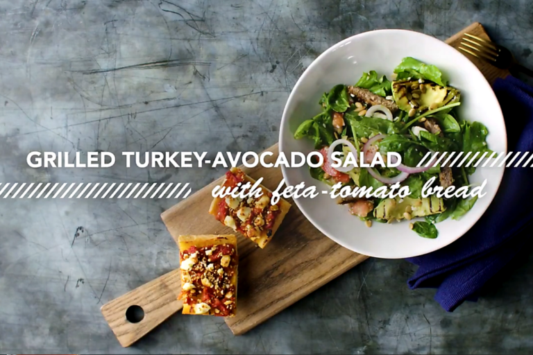 Bold & Crave-Worthy Grilled Turkey Avocado Salad with Feta-Tomato Bread