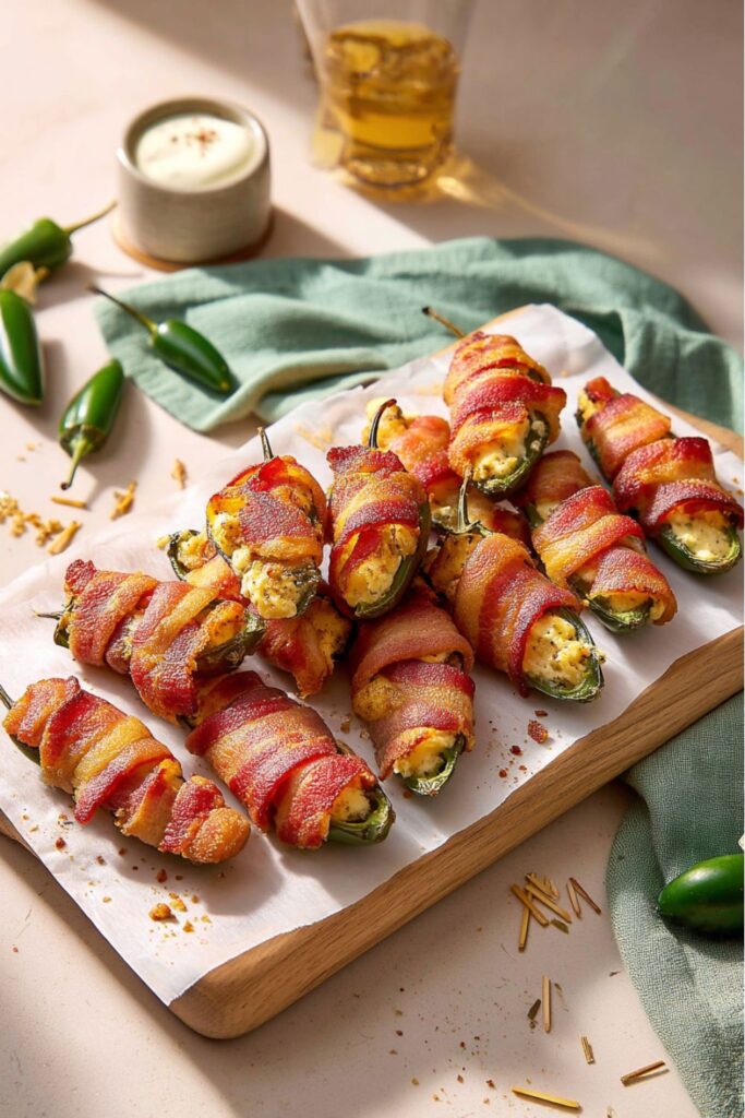 A close-up shot of crispy bacon-wrapped jalapeno poppers stuffed with cashew cheese on a wooden board, ideal for anyone looking for game day gluten free appetizers.
