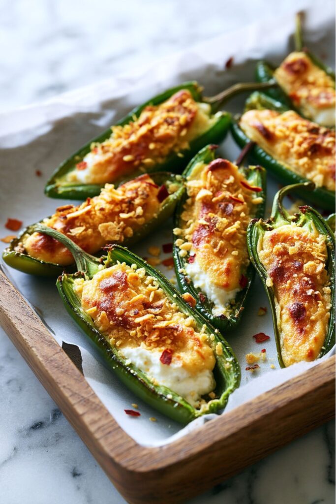 Close-up of halved green jalapeño poppers filled with a creamy cashew-based cheese sauce and topped with golden toasted tortilla chip crumbs, served as vegetarian super bowl recipes.
