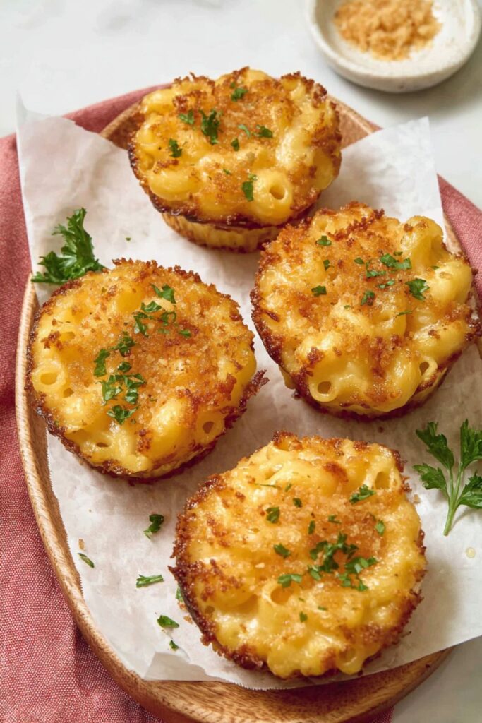 Four golden-brown, cheesy macaroni and cheese muffin bites topped with crispy panko breadcrumbs and fresh parsley, serving as finger foods for large crowds.