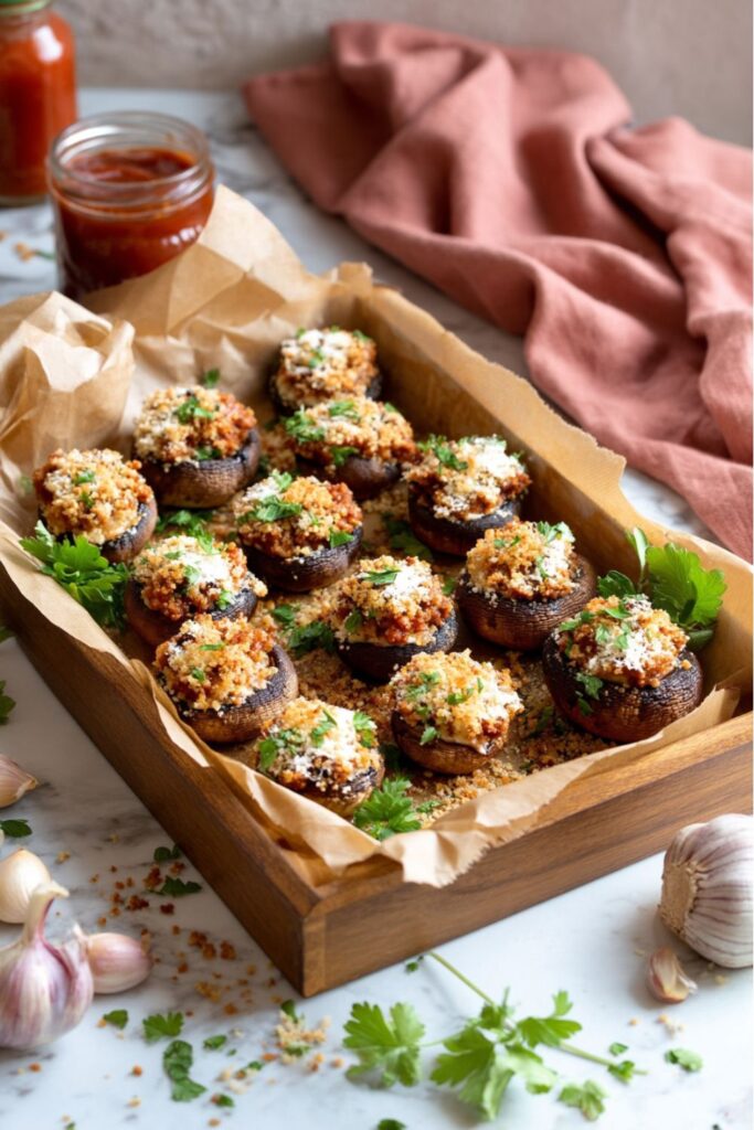 Tray of golden sausage stuffed mushrooms, a great choice among Italian party food options.