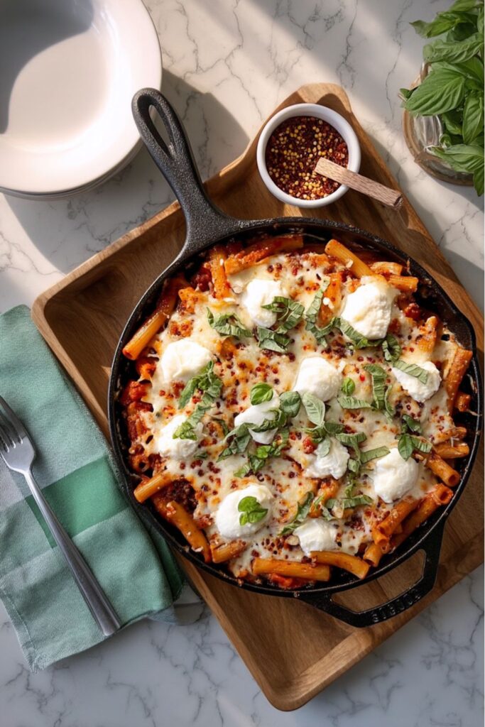 A cast iron skillet filled with cheesy baked ziti pasta topped with dollops of ricotta and fresh basil, serving as a perfect dish for a super bowl party at home.