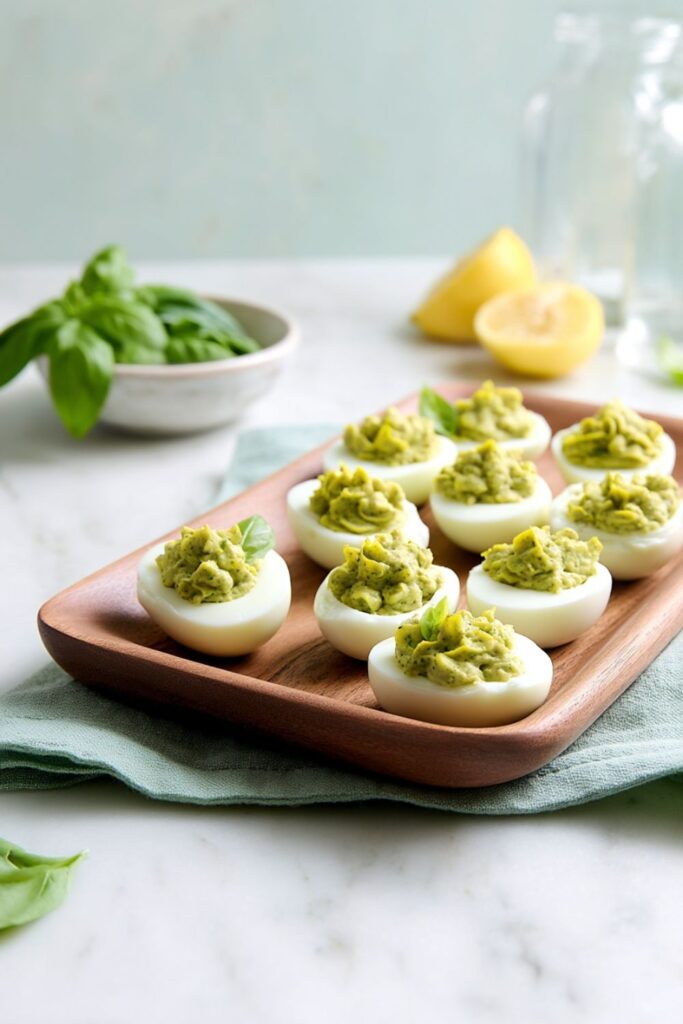 Wooden tray of pesto deviled eggs served as Italian party finger foods on a marble surface.