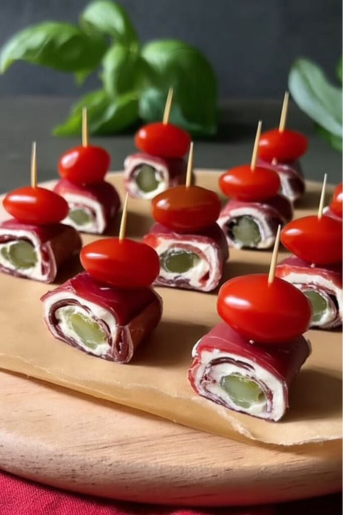 Bresaola and cream cheese pinwheels topped with tomatoes, excellent Italian party food options.