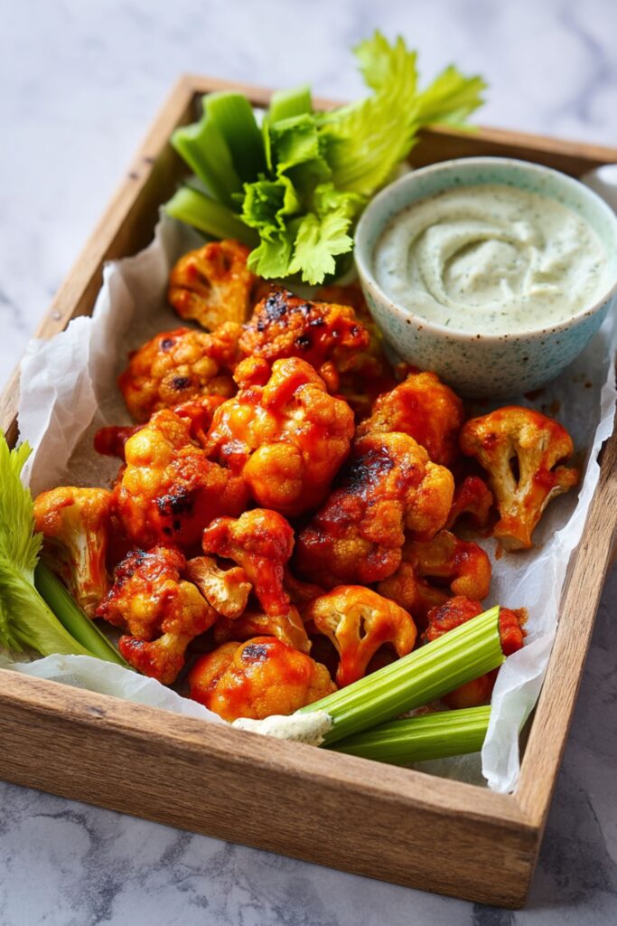 A wooden tray filled with crispy buffalo cauliflower wings, fresh celery sticks, and a side of creamy ranch dipping sauce, perfect as super bowl veggie appetizers.