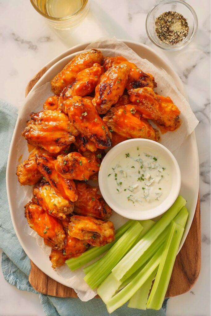 A platter of crispy buffalo chicken wings glazed in red hot sauce, served with celery sticks and a bowl of creamy blue cheese dip, perfect as tailgate food.