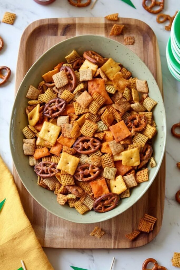 A large bowl of buffalo ranch snack mix containing cereal squares, cheese crackers, and pretzel twists, perfect as cool super bowl snacks for a gameday spread.