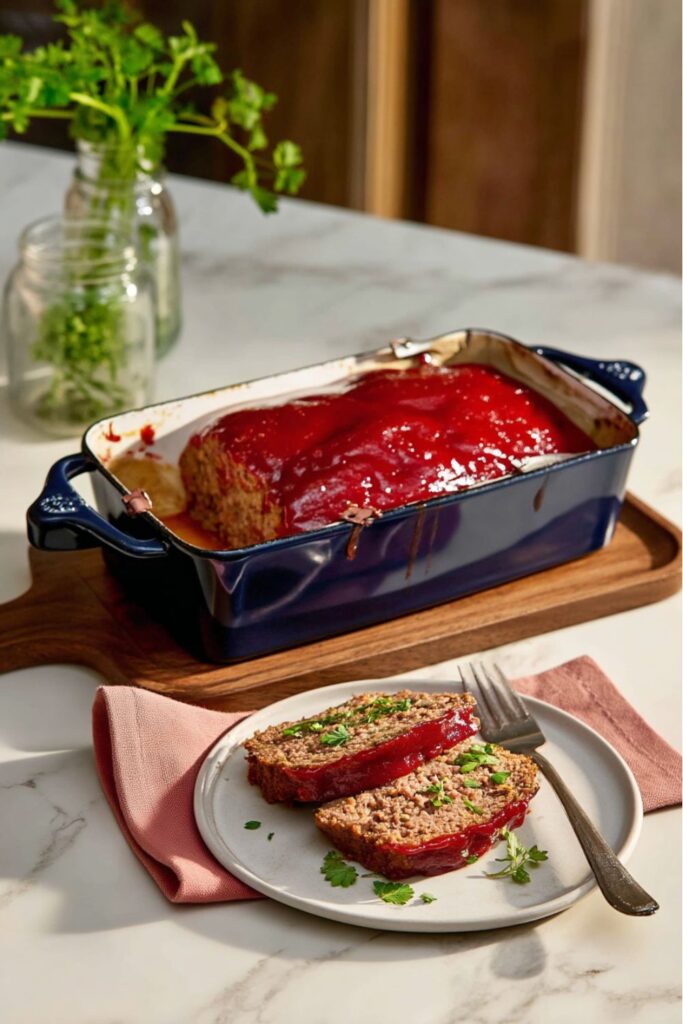 Two thick slices of meatloaf topped with a bright red ketchup glaze on a white plate, demonstrating Matty's cooking style.