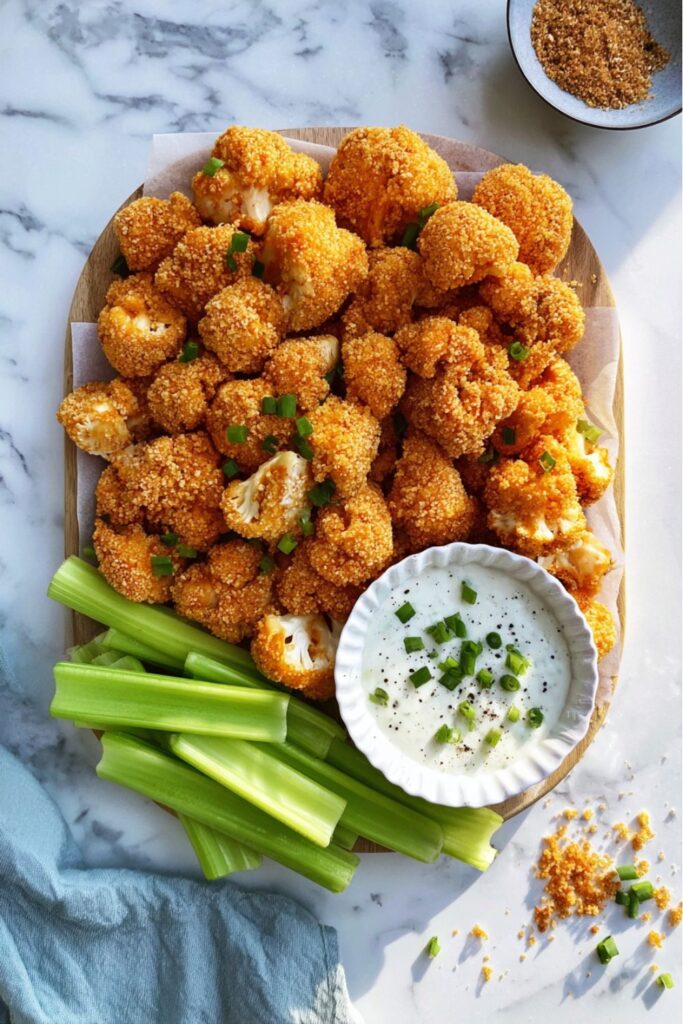 A wooden platter featuring breaded buffalo cauliflower florets sprinkled with green onions, served with celery sticks and a bowl of dairy-free ranch, perfect for football appetizers gluten free.