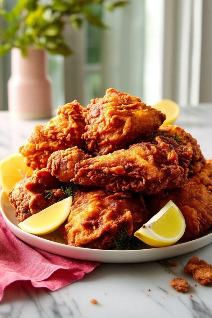 A stack of golden-brown, crispy fried chicken drumsticks and thighs served with fresh lemon wedges, inspired by Matty Matheson's chicken recipes.