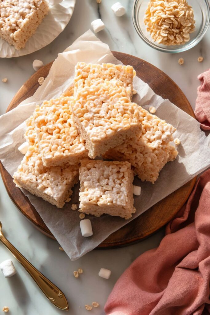A stack of square gluten-free crispy rice cereal treats on a wooden board with scattered mini marshmallows, perfect for gluten-free appetizers for kids.