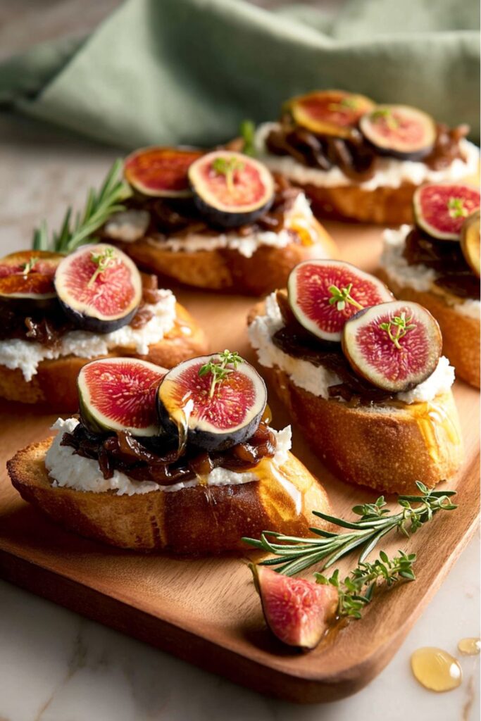 Toasted crostini topped with whipped ricotta, caramelized onions, and fresh figs; great light party appetizers.