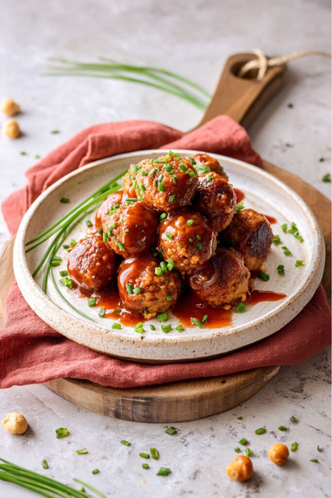 A stack of glazed chickpea meatballs on a white plate sprinkled with fresh chives, a perfect example of vegetarian game day recipes.