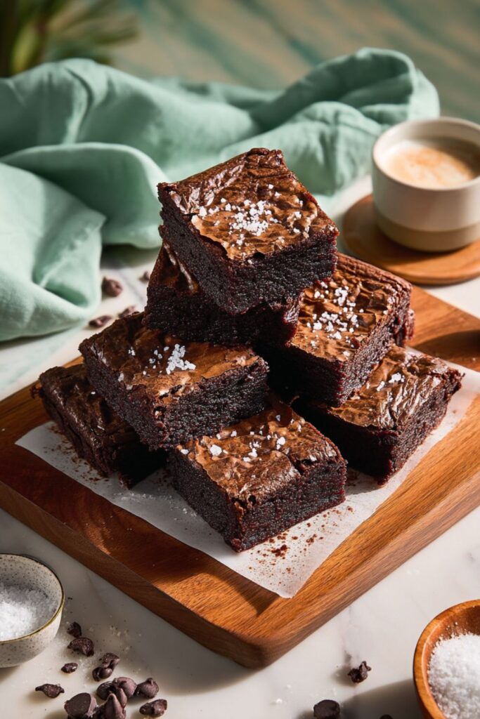 A stack of thick, fudgy dark chocolate brownies sprinkled with sea salt on a wooden serving board, perfect as gluten free party appetizers.