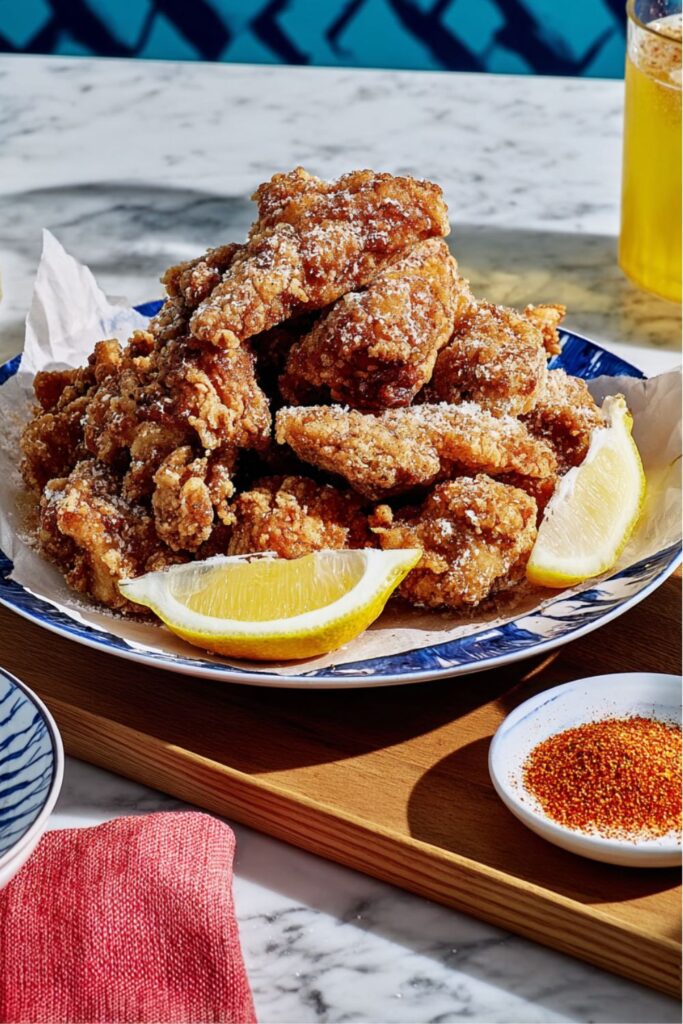 A pile of golden, crispy Japanese-style fried chicken seasoned with togarashi and citrus zest, served alongside creamy Kewpie mayo, inspired by Matty Matheson's popular recipes.