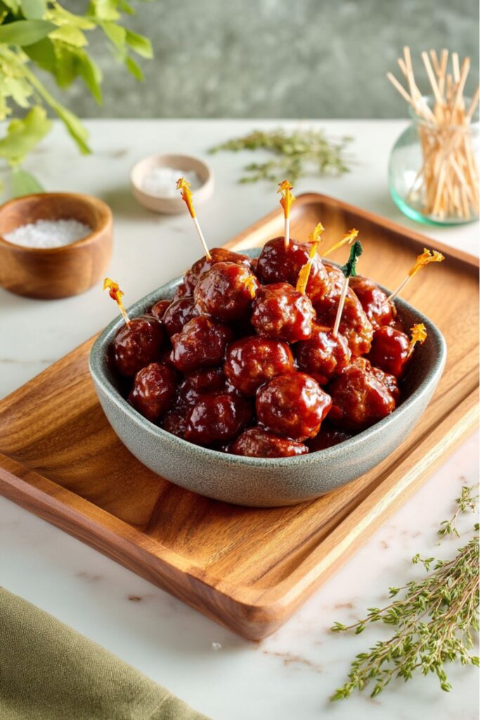 A bowl of cocktail meatballs glazed in a dark barbecue sauce with toothpicks, served on a wooden tray for a football party food spread.