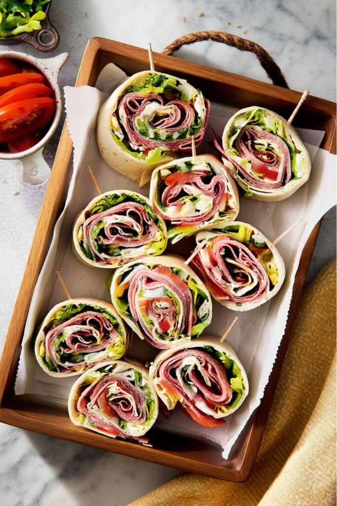 A tray of Italian pinwheels with meats and lettuce as Italian party finger foods.