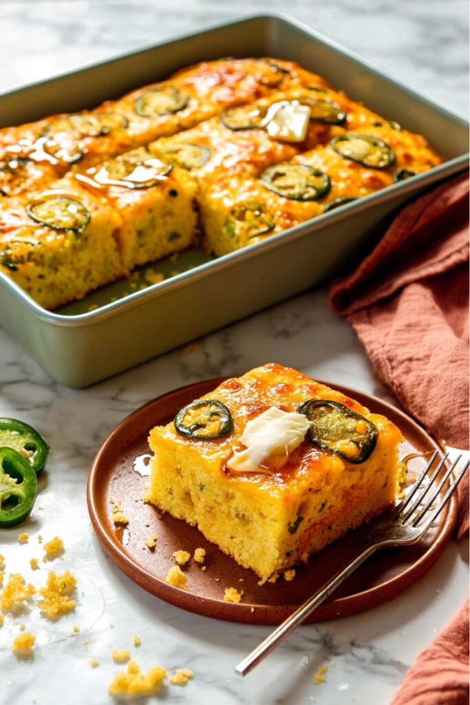 A golden slice of jalapeño cheddar cornbread topped with melted cheese and sliced green onions, perfect for easy super bowl sides and food idea for super bowl party.