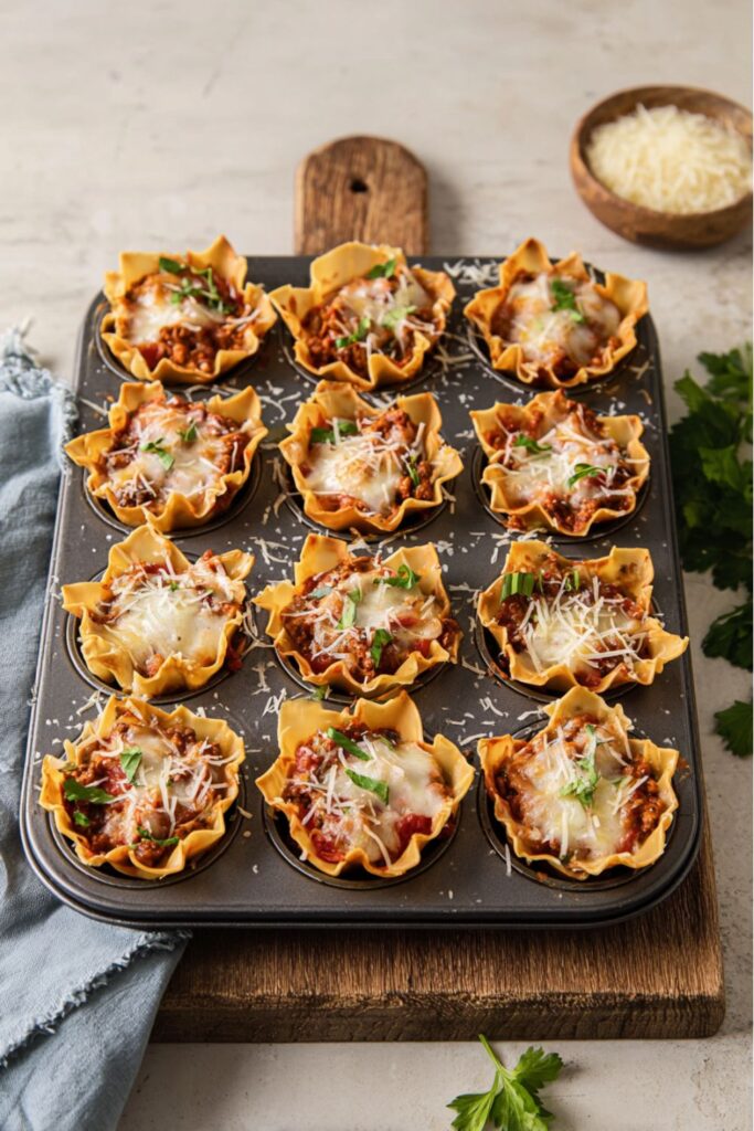 Mini lasagna cupcakes in a muffin tin, perfect for an Italian themed potluck.
