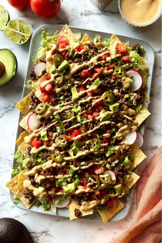 A platter of loaded nachos topped with seasoned ground beef, avocado, tomatoes, radishes, and jalapeños drizzled with cashew cheese sauce, perfect for gluten free dairy free game day food.