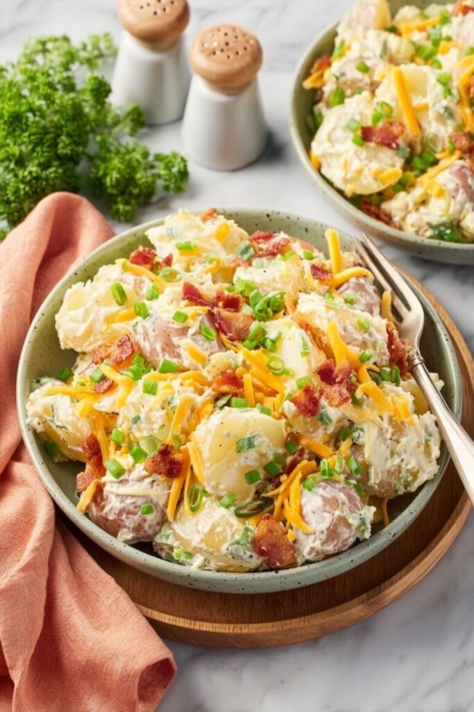 Creamy loaded red potato salad topped with shredded cheese, bacon bits, and green onions, perfect for easy super bowl sides and food ideas for super bowl party.
