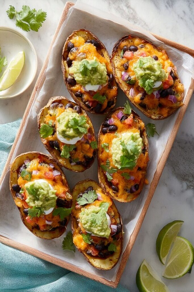 Six crispy baked potato skins overflowing with black beans, melted cheddar cheese, and large dollops of fresh guacamole, served as easy veggie appetizers for a party.