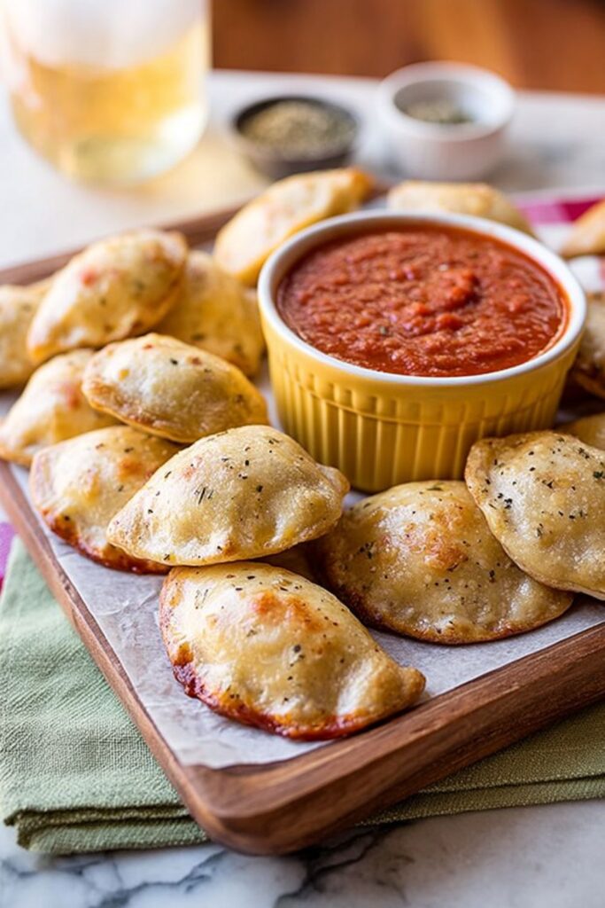Golden mini pepperoni calzones with dipping sauce, a great example of fun Italian appetizers.