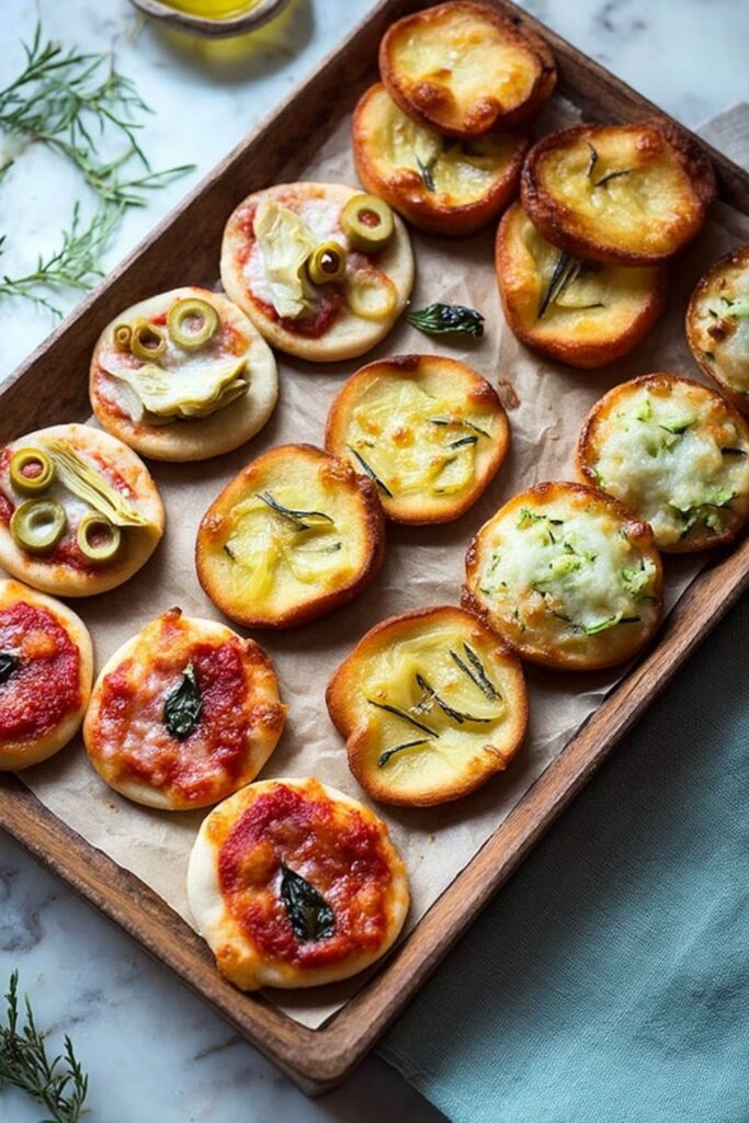 Assorted mini pizzette with various toppings on a wooden tray, perfect for Italian food potluck ideas.