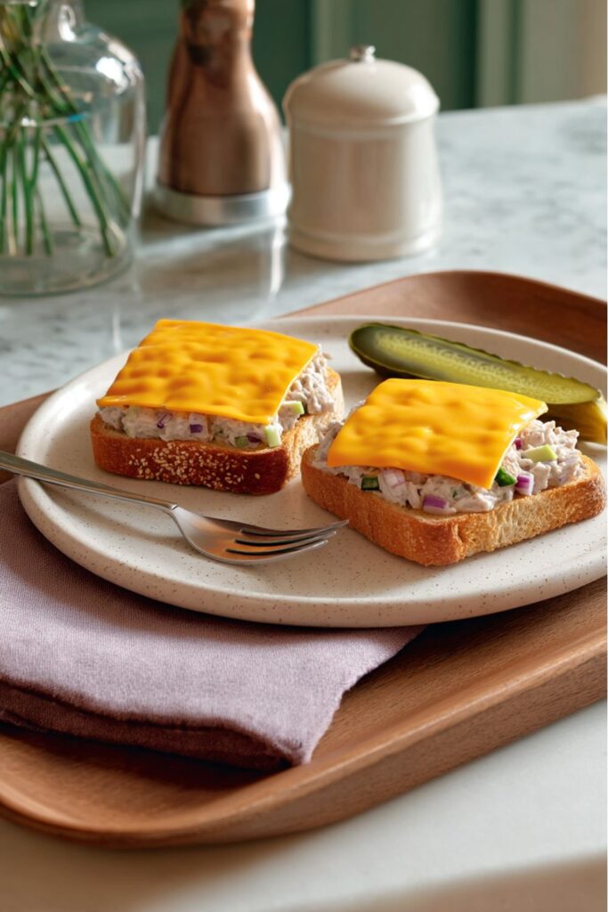 Two open-faced tuna melts on toasted bread with melted American cheese and a side pickle spear, showcasing Matty's easy dinner ideas.