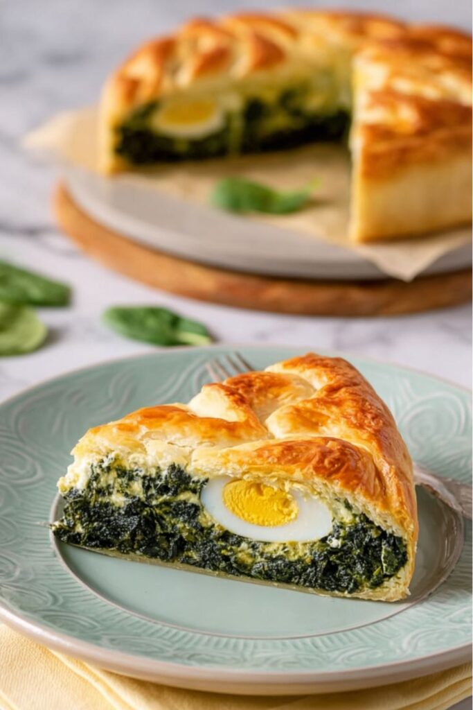 A slice of spinach and ricotta Pasqualina tart, a classic among Italian cold appetizers.
