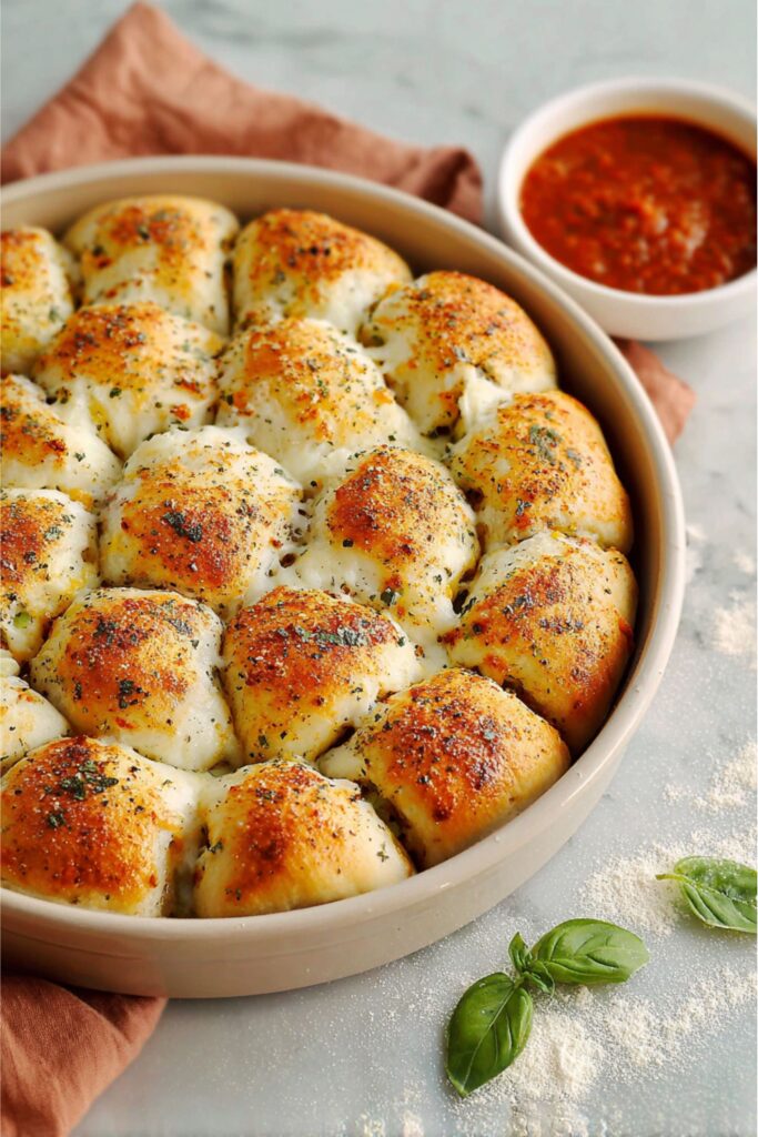 A circular baking dish filled with golden-brown, herb-crusted pizza dough balls stuffed with cheese and peppers, served as meatless appetizers for party guests with a side of red marinara sauce.