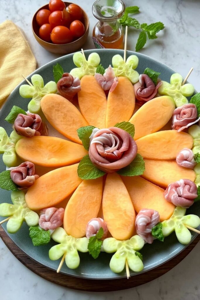 Prosciutto roses and cantaloupe slices arranged as a floral example of Italian party finger foods.