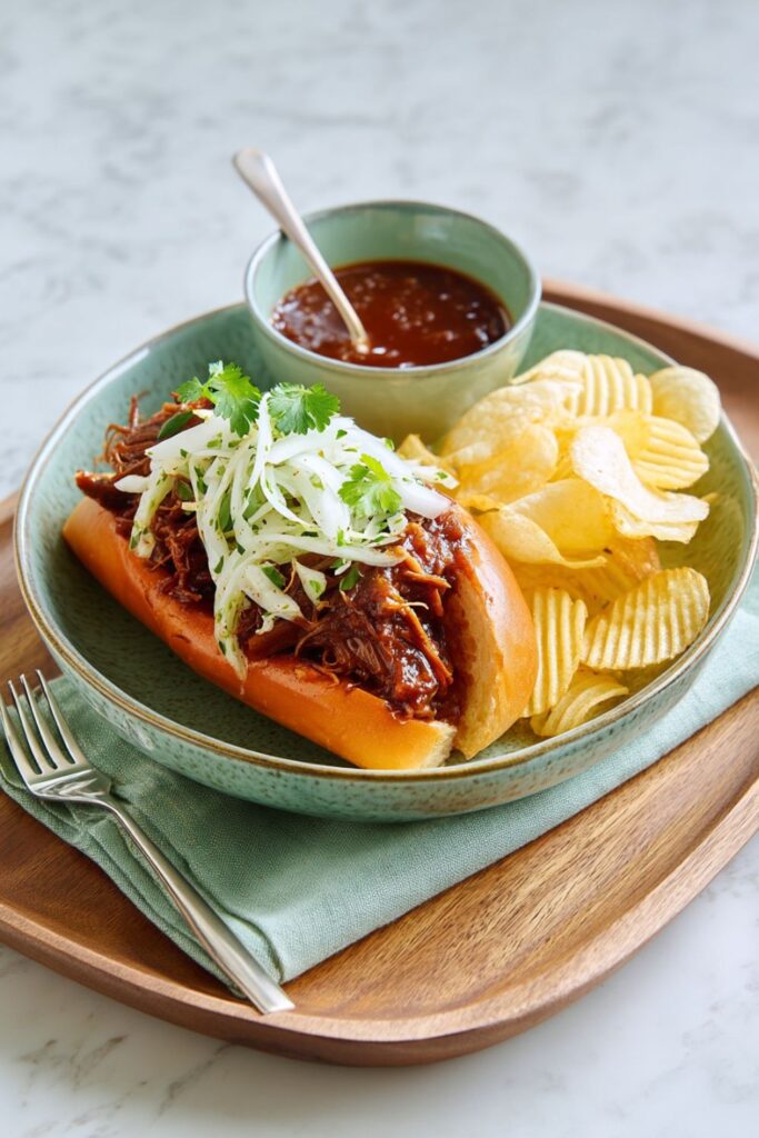 A toasted bun overflowing with saucy, shredded beef short rib and topped with crunchy coleslaw, highlighting creative Matty sandwich ideas.