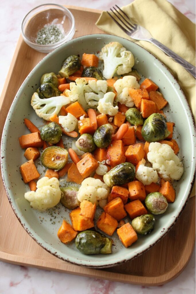 An oval platter filled with roasted cauliflower, brussels sprouts, and sweet potatoes seasoned with ranch, serving as one of many easy super bowl sides for an nfl party food spread.