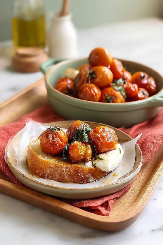 Roasted tomatoes and burrata on toasted bread, a standout choice for Italian finger foods.