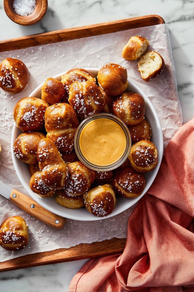A white bowl filled with golden-brown, salt-topped soft pretzel bites surrounding a small glass dish of yellow cheese dipping sauce, perfect for cool super bowl snacks.