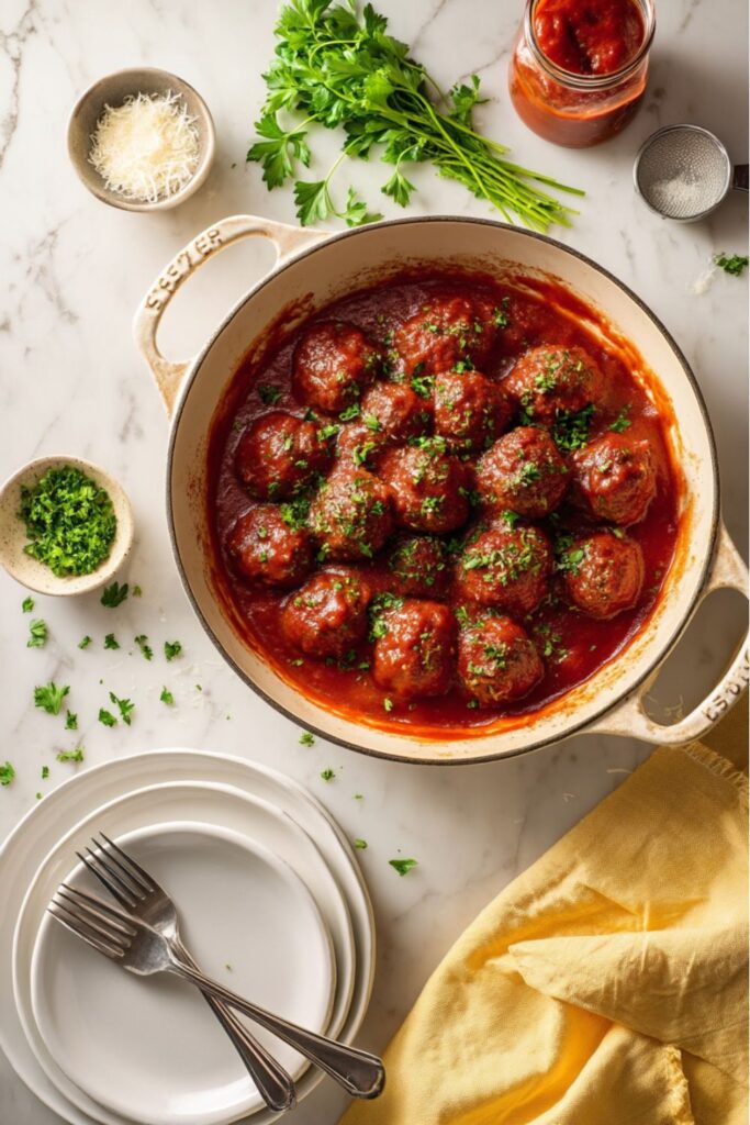 A large white ceramic pot filled with meatballs simmering in a thick red marinara sauce garnished with fresh parsley, serving as delicious dairy-free game day snacks.