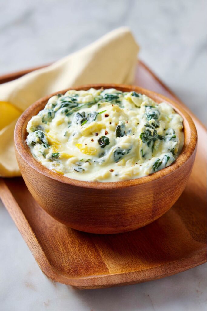 A wooden bowl overflowing with creamy, warm slow-cooker spinach and artichoke dip, a classic choice for easy vegetarian dips at a party.