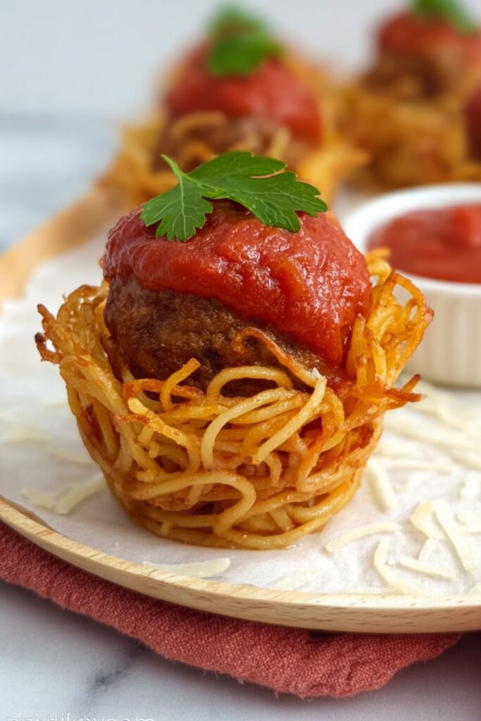 A single spaghetti meatball nest topped with red sauce, a choice among Italian cold appetizers.