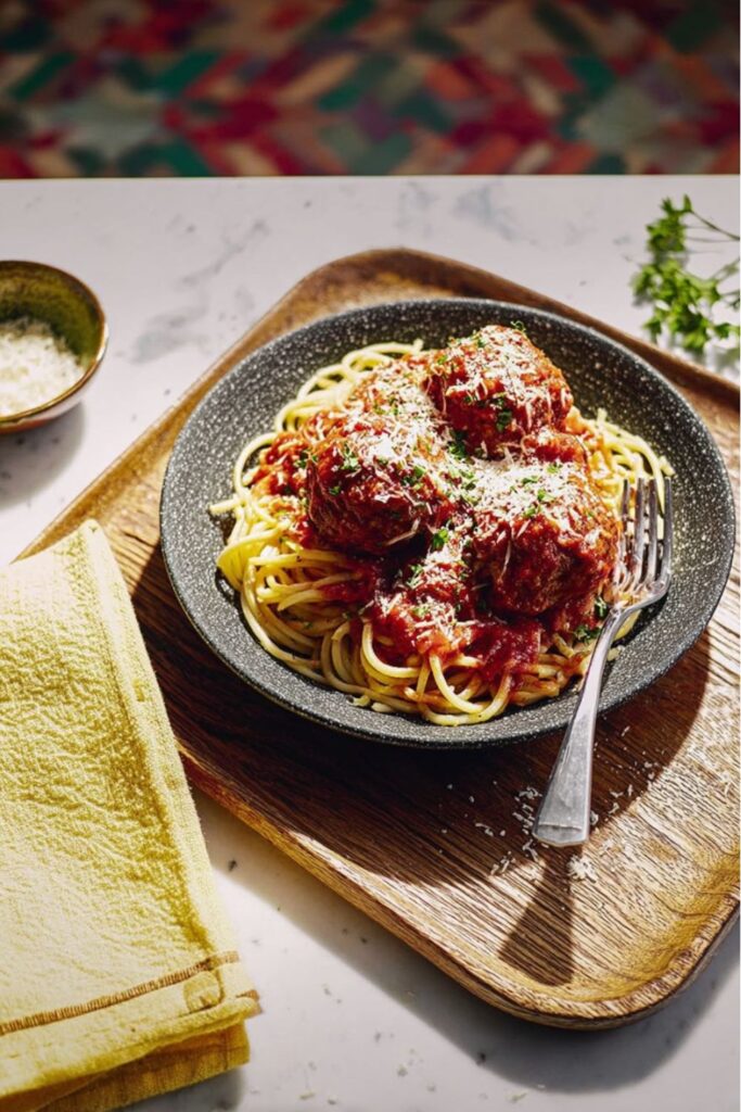 A steaming bowl of spaghetti topped with three large, sauce-covered meatballs and grated cheese, showcasing Matty Matheson's pasta ideas.