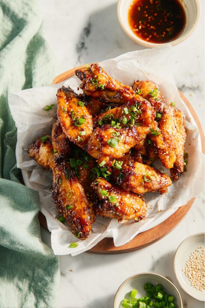 A pile of glazed honey garlic chicken wings topped with sesame seeds and green onions, served as delicious dairy-free game day appetizers.
