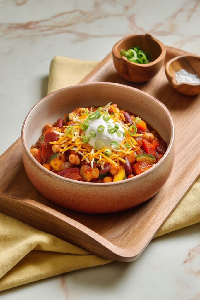 A bowl of hearty vegetable and bean chili topped with a dollop of sour cream, shredded cheddar cheese, and sliced scallions, serving as an ideal super bowl potluck dish.