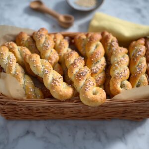 A woven basket filled with golden-brown twisted Armenian Easter cookies topped with sesame seeds.
