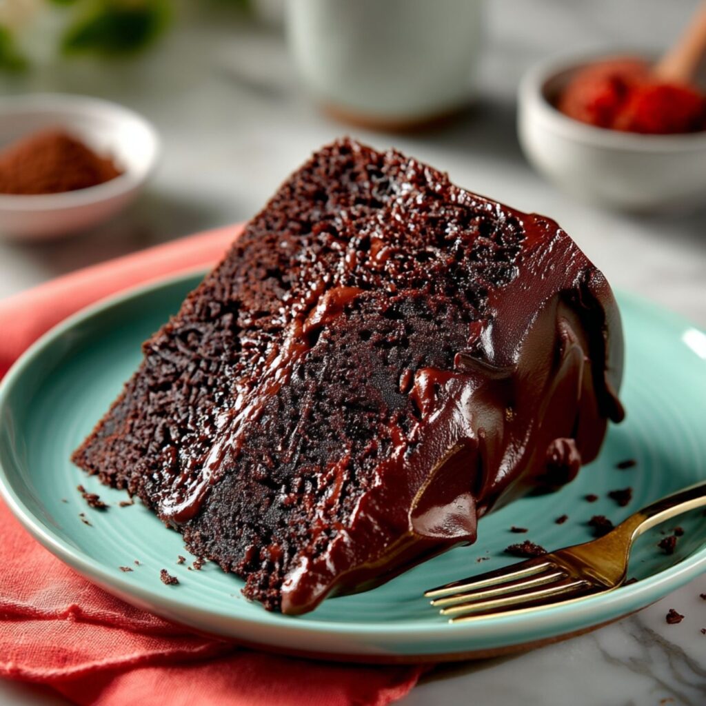 Chocolate cake slice with glossy frosting on turquoise plate over marble countertop.