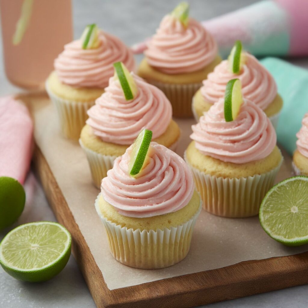 Strawberry lime cupcakes with pink frosting and lime wedges on wooden tray.