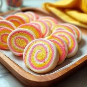 A collection of baked, colorful Easter pinwheel cookies featuring swirls of pink and yellow.