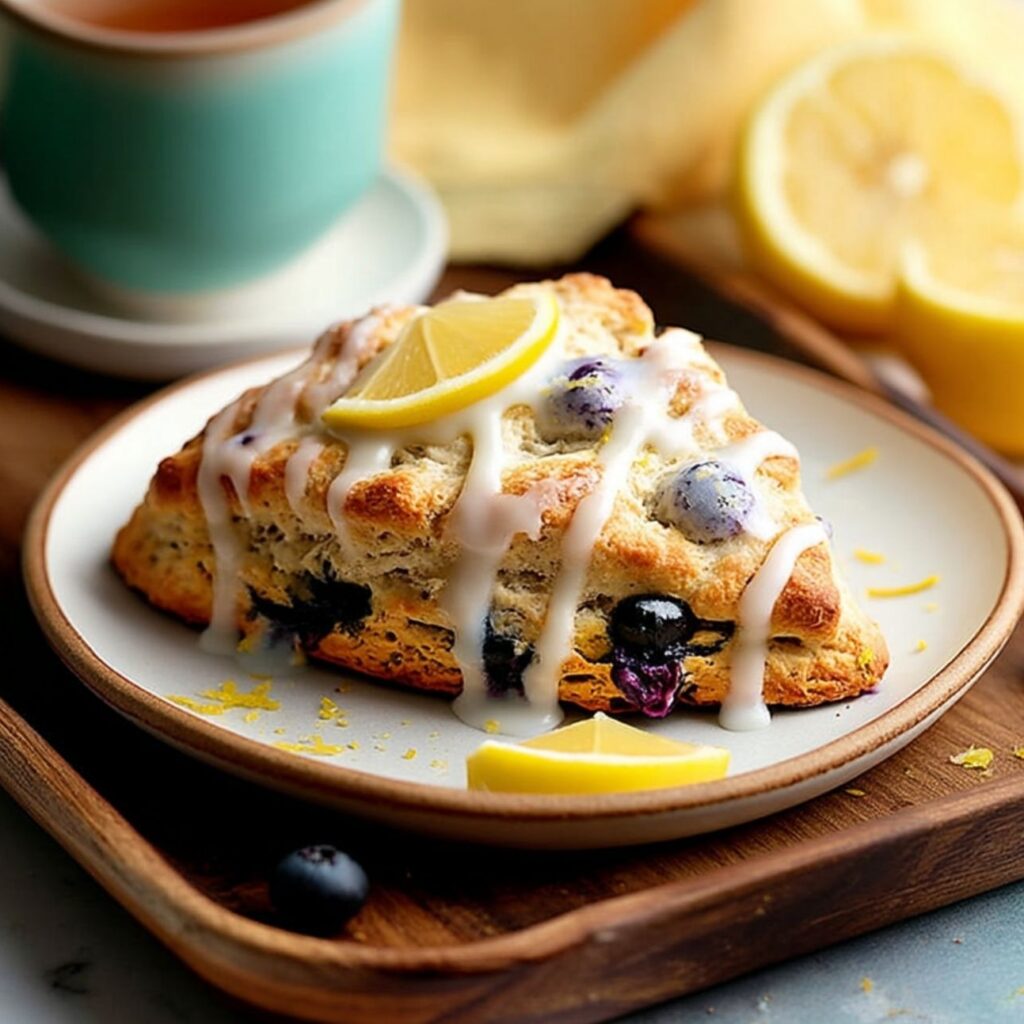 A single blueberry scone with white icing and a lemon slice on a wooden tray.