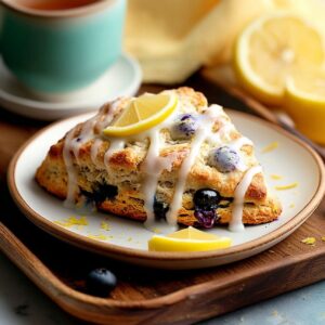 A single blueberry scone with white icing and a lemon slice on a wooden tray.