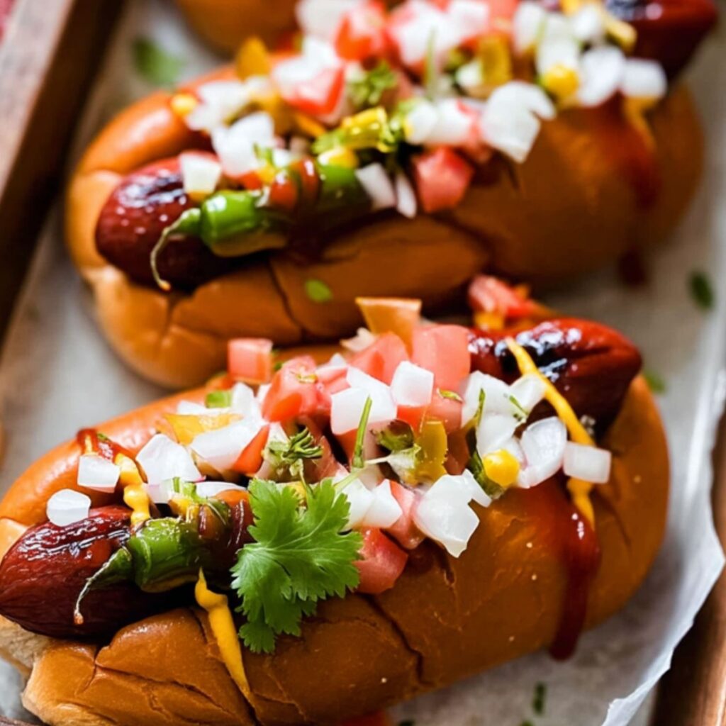 Loaded hot dogs with salsa, charred serranos, and cilantro on toasted buns in tray.